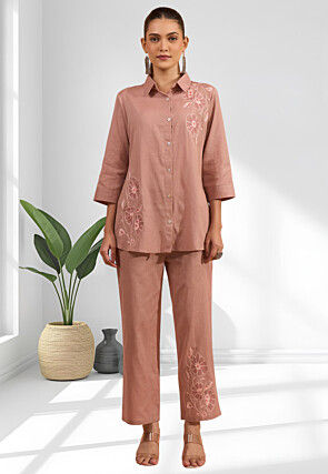 Embroidered Linen Co Ord Set in Old Rose