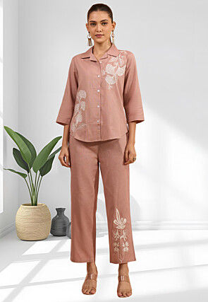 Embroidered Linen Co Ord Set in Old Rose