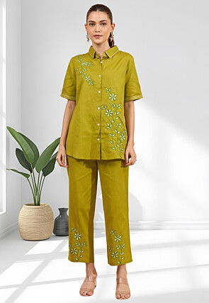 Embroidered Linen Co Ord Set in Olive Green