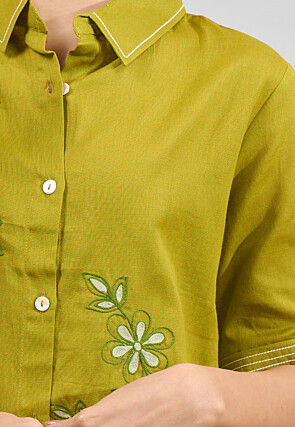 Embroidered Linen Co Ord Set in Olive Green