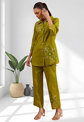Embroidered Linen Co Ord Set in Olive Green