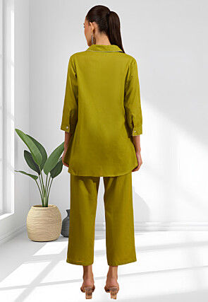 Embroidered Linen Co Ord Set in Olive Green