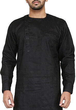 Embroidered Linen Cotton Kurta Set in Black