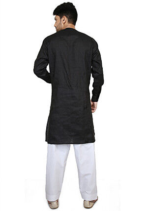 Embroidered Linen Cotton Kurta Set in Black
