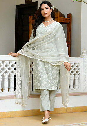 Embroidered Linen Cotton Pakistani Suit in Dusty Green