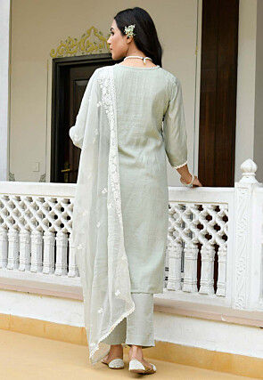 Embroidered Linen Cotton Pakistani Suit in Dusty Green