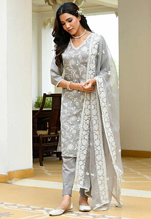 Embroidered Linen Cotton Pakistani Suit in Grey