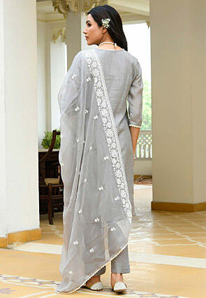 Embroidered Linen Cotton Pakistani Suit in Grey