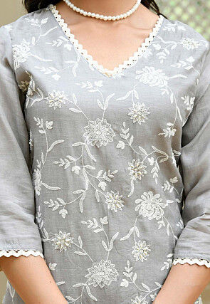 Embroidered Linen Cotton Pakistani Suit in Grey