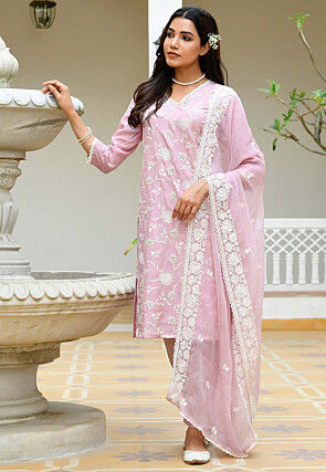 Embroidered Linen Cotton Pakistani Suit in Light Purple