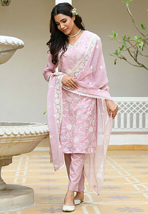 Embroidered Linen Cotton Pakistani Suit in Light Purple