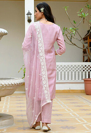 Embroidered Linen Cotton Pakistani Suit in Light Purple
