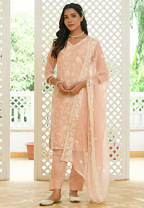 Embroidered Linen Cotton Pakistani Suit in Peach