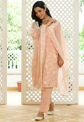 Embroidered Linen Cotton Pakistani Suit in Peach