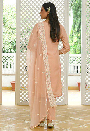 Embroidered Linen Cotton Pakistani Suit in Peach