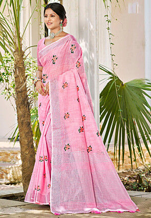 Embroidered Linen Cotton Saree in Pink
