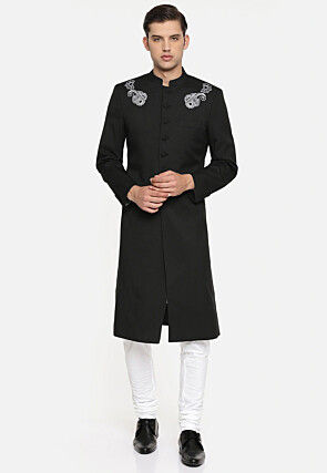 Embroidered Linen Cotton Sherwani in Black