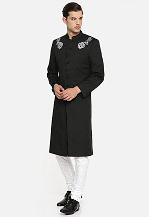 Embroidered Linen Cotton Sherwani in Black