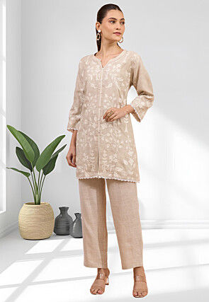 Embroidered Linen  Straight Kurta Set in Beige