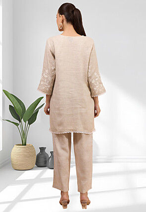 Embroidered Linen  Straight Kurta Set in Beige