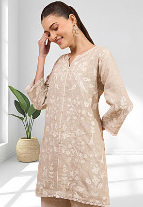 Embroidered Linen  Straight Kurta Set in Beige