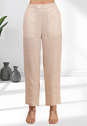 Embroidered Linen  Straight Kurta Set in Beige