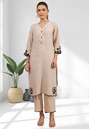Embroidered Linen Straight Kurta Set in Beige