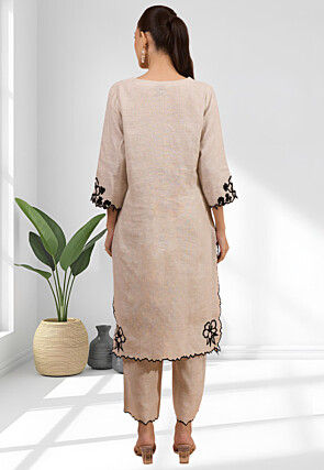 Embroidered Linen Straight Kurta Set in Beige