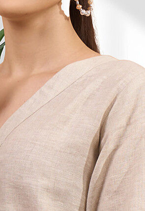 Embroidered Linen Straight Kurta Set in Beige