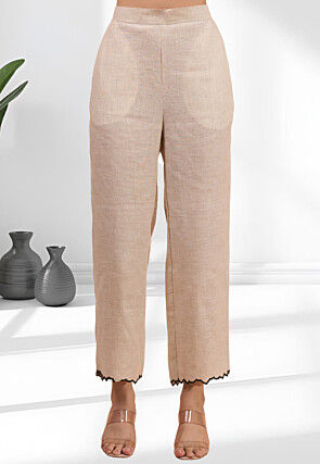 Embroidered Linen Straight Kurta Set in Beige