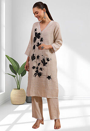 Embroidered Linen Straight Kurta Set in Beige