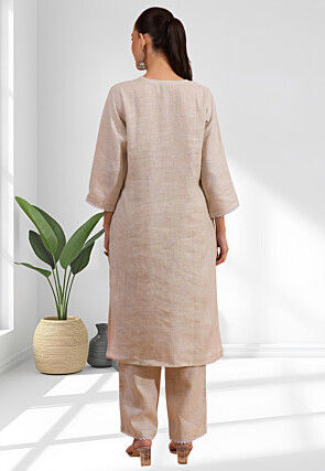 Embroidered Linen Straight Kurta Set in Beige