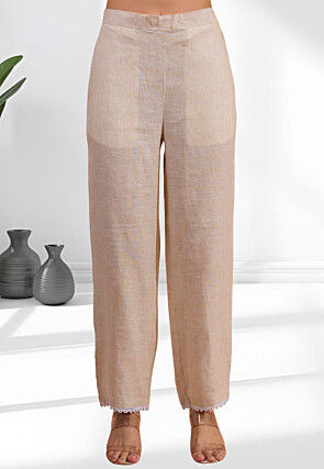 Embroidered Linen Straight Kurta Set in Beige