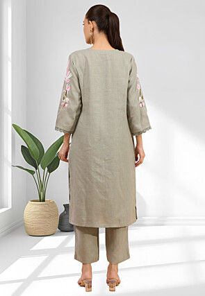 Embroidered Linen Straight Kurta Set in Dusty Green
