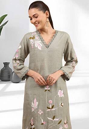 Embroidered Linen Straight Kurta Set in Dusty Green