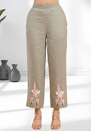 Embroidered Linen Straight Kurta Set in Dusty Green