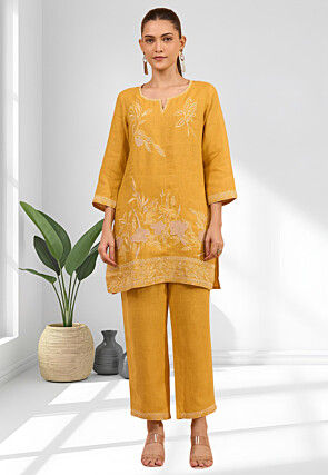 Embroidered Linen Straight Kurta Set in Mustard