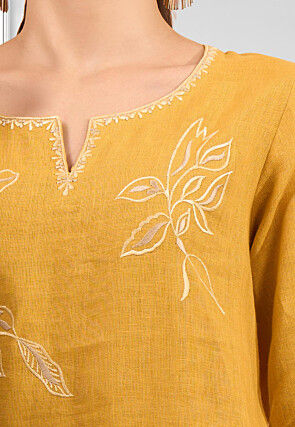 Embroidered Linen Straight Kurta Set in Mustard