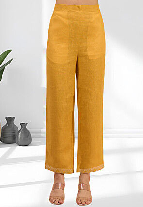 Embroidered Linen Straight Kurta Set in Mustard