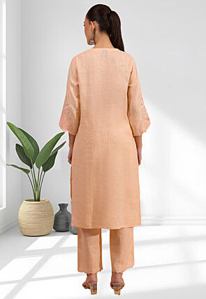 Embroidered Linen Straight Kurta Set in Peach