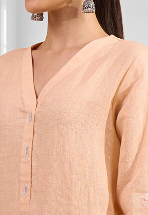 Embroidered Linen Straight Kurta Set in Peach