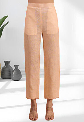 Embroidered Linen Straight Kurta Set in Peach