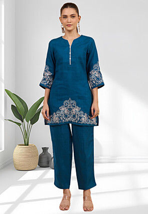 Embroidered Linen Straight Kurta Set in Teal Blue