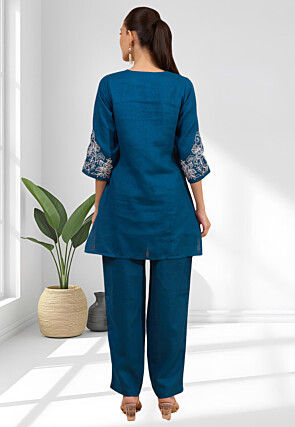 Embroidered Linen Straight Kurta Set in Teal Blue