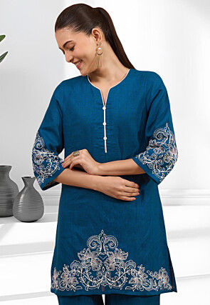 Embroidered Linen Straight Kurta Set in Teal Blue