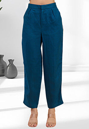 Embroidered Linen Straight Kurta Set in Teal Blue