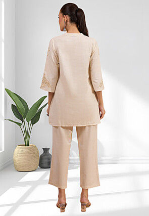 Embroidered Linen Tunic Set in Beige