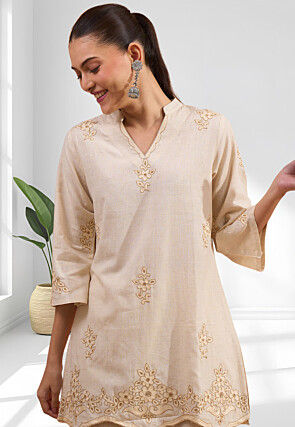 Embroidered Linen Tunic Set in Beige