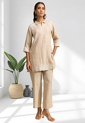 Embroidered Linen Tunic Set in Beige