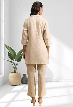 Embroidered Linen Tunic Set in Beige